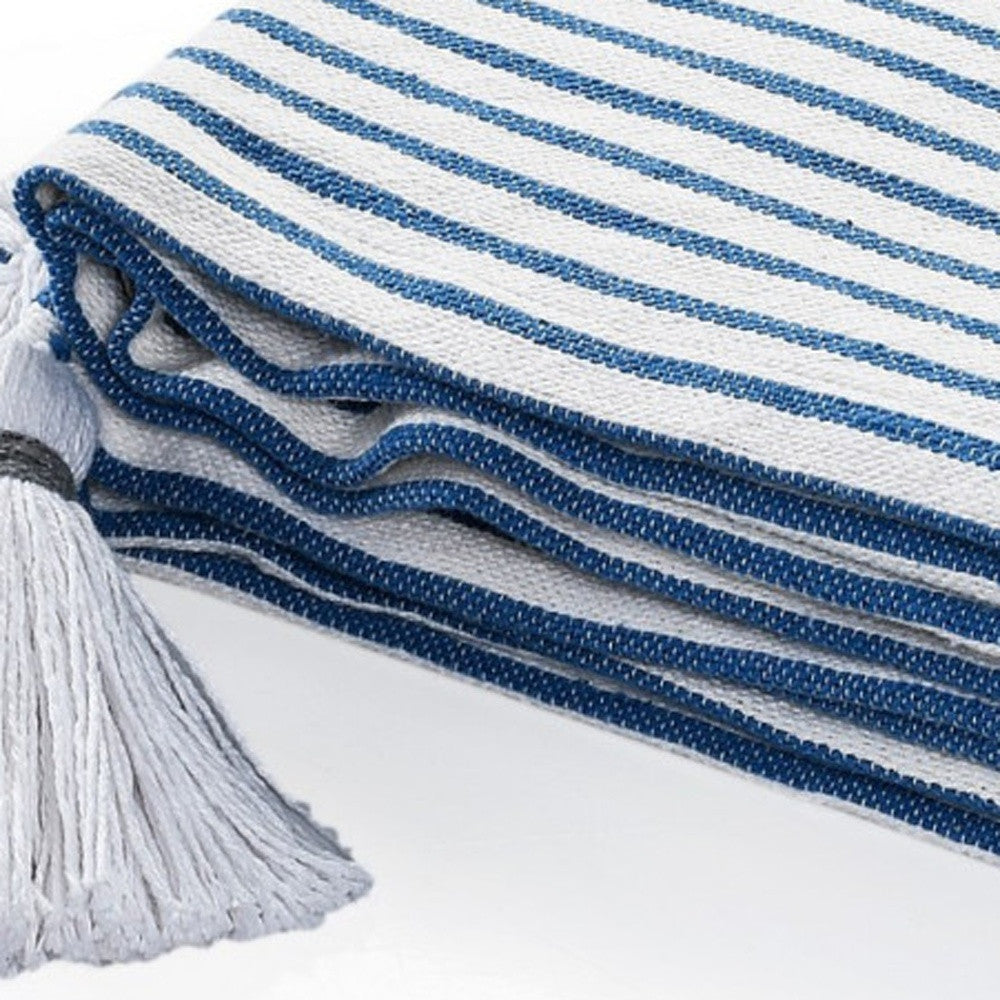 Blue and White Woven Cotton Striped Throw Blanket