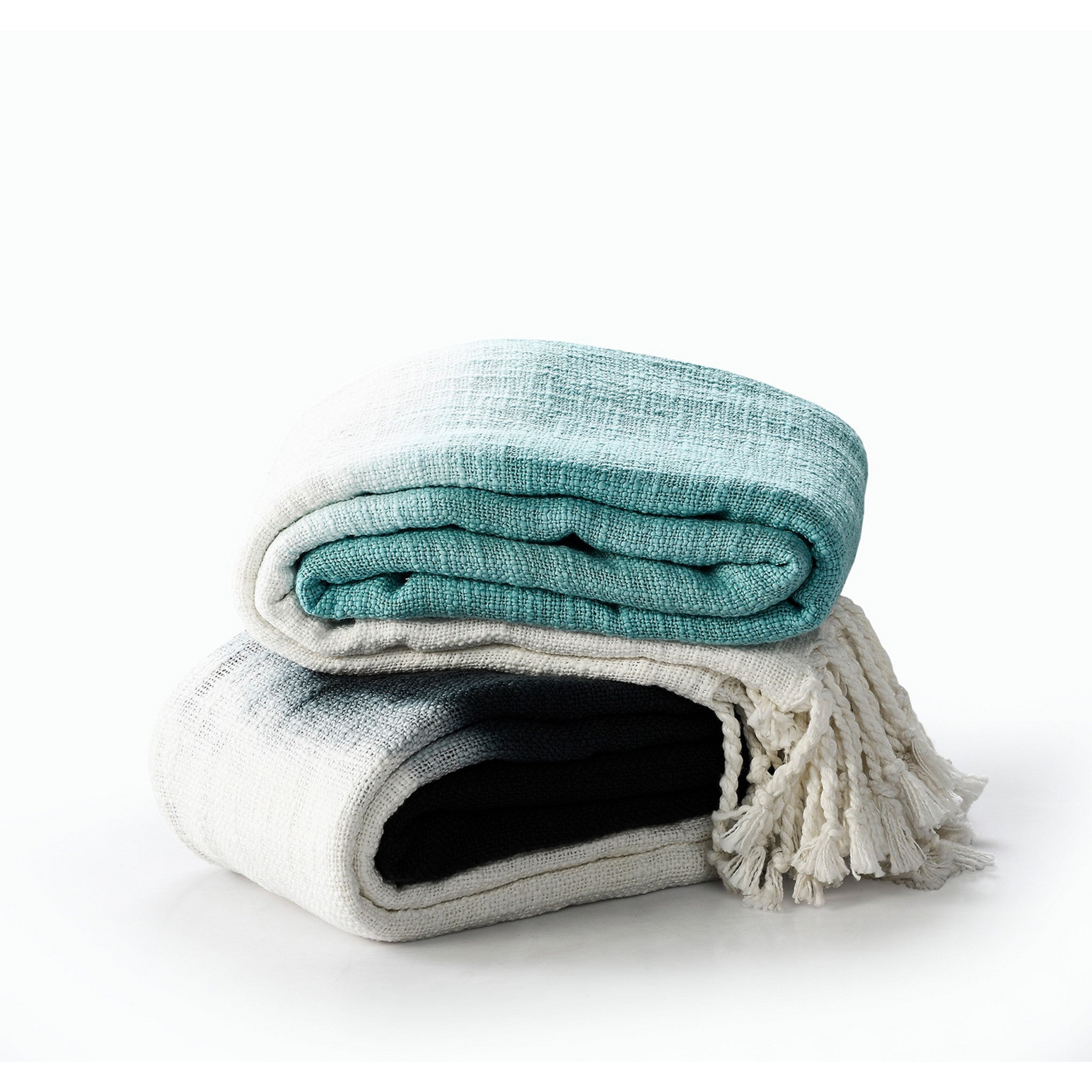 Blue and White Woven Cotton Ombre Throw Blanket