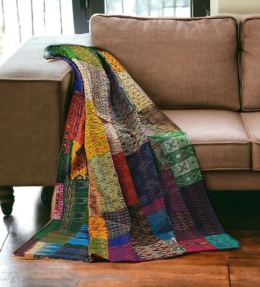 Blue and Green Knitted Silk Patchwork Throw Blanket