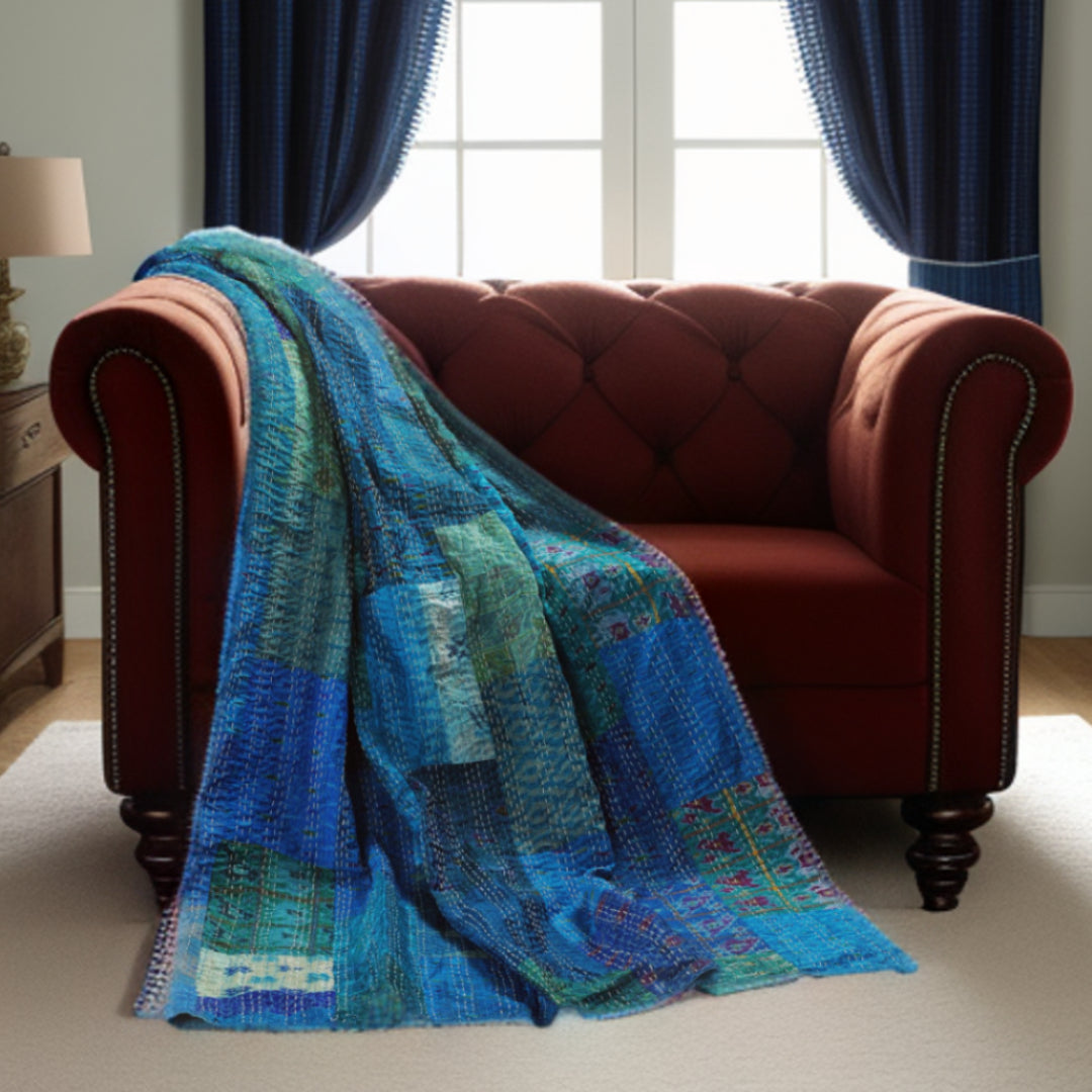 Blue Knitted Silk Patchwork Throw Blanket