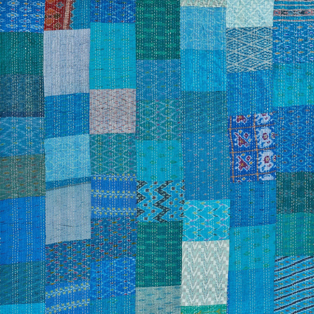 Blue Knitted Silk Patchwork Throw Blanket