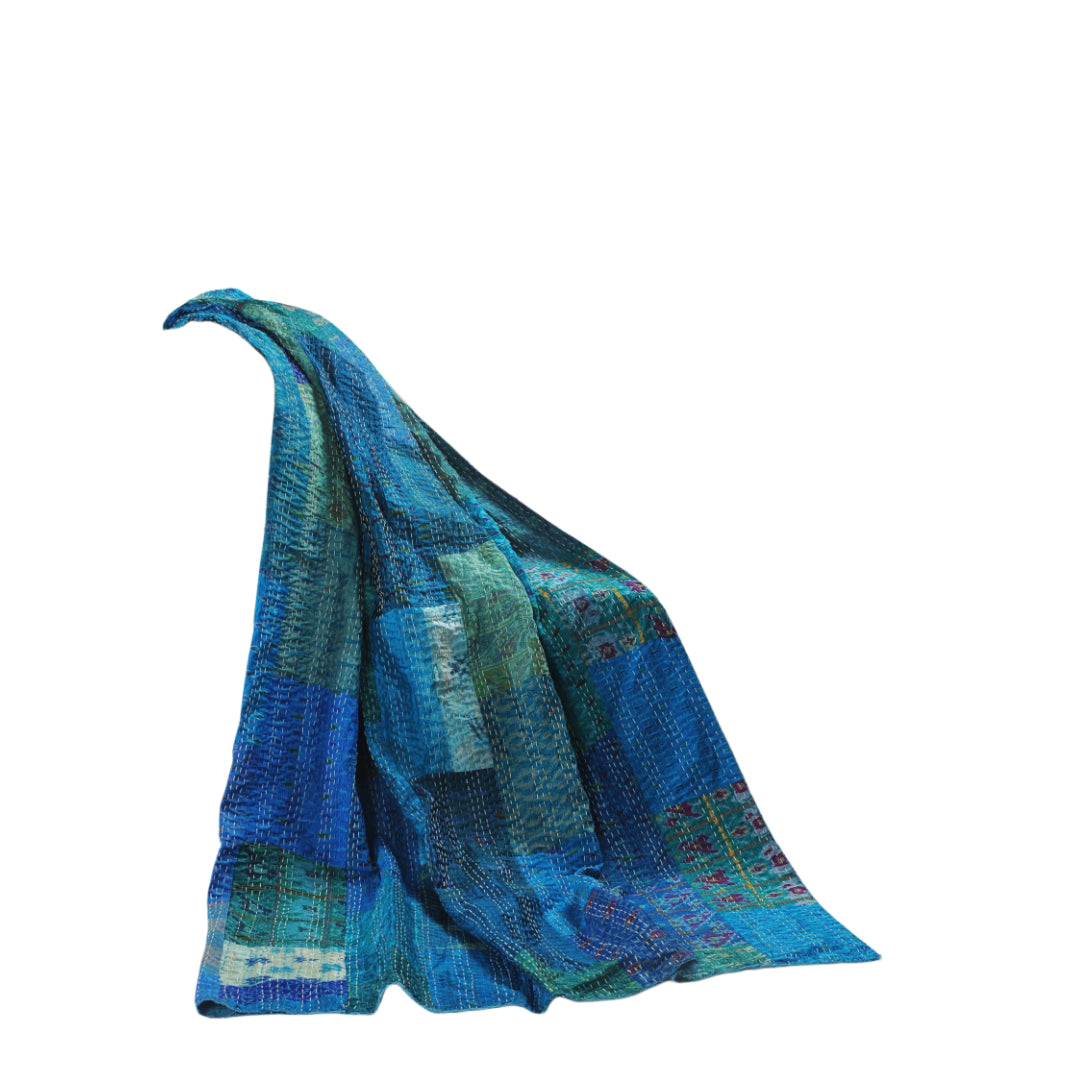 Blue Knitted Silk Patchwork Throw Blanket