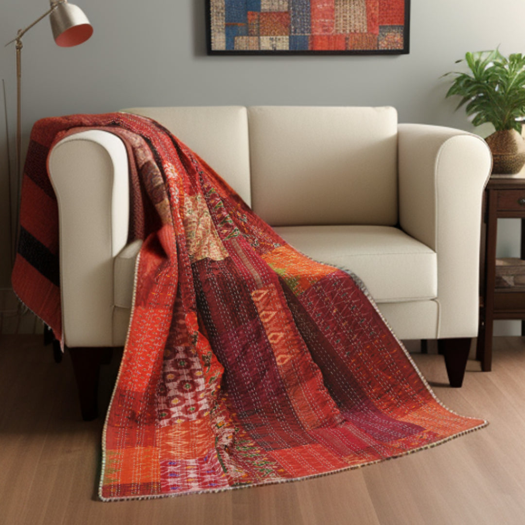 Red Knitted Silk Patchwork Throw Blanket