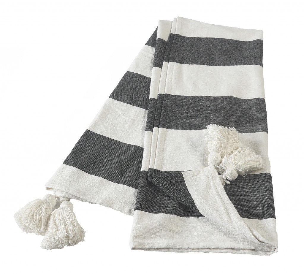 Blue and White Woven Cotton Striped Throw Blanket