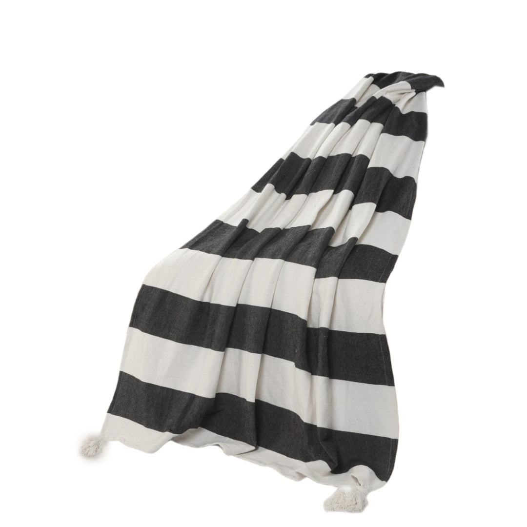 Blue and White Woven Cotton Striped Throw Blanket