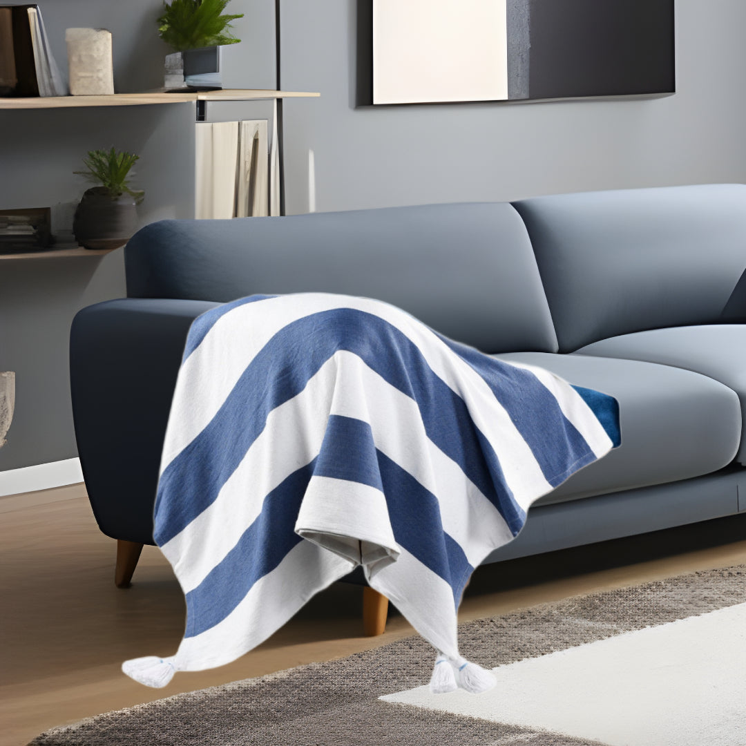 Blue and White Woven Cotton Striped Throw Blanket