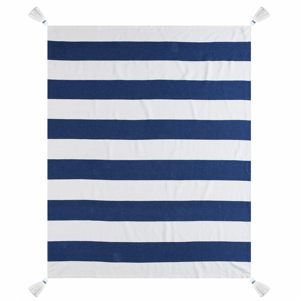 Blue and White Woven Cotton Striped Throw Blanket