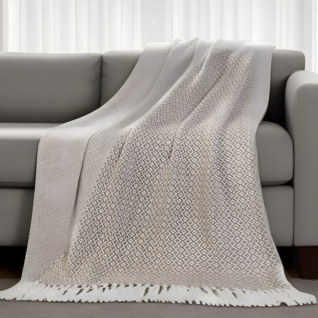 Gray and White Woven Cotton Geometric Throw Blanket