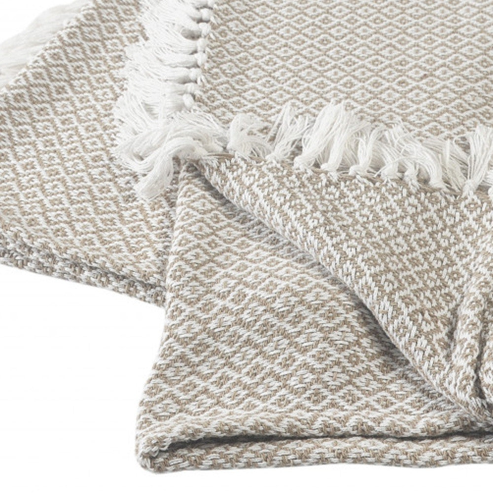 Gray and White Woven Cotton Geometric Throw Blanket