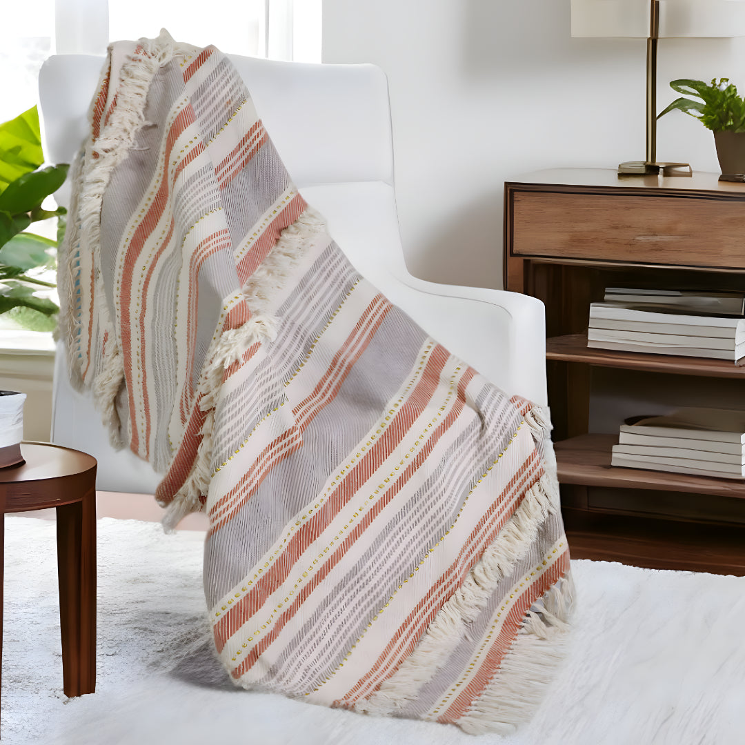 Beige Woven Cotton Striped Throw Blanket