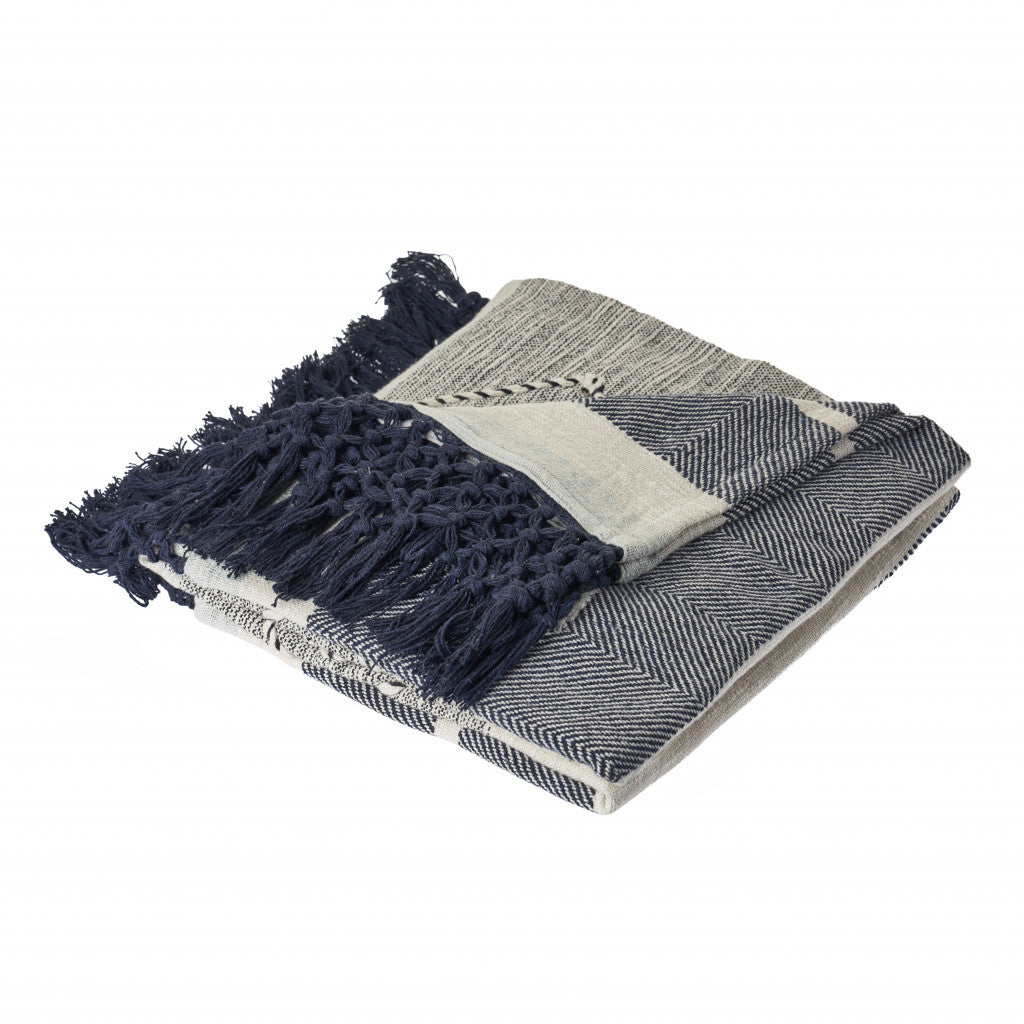 Black and Blue Woven Cotton Striped Throw Blanket