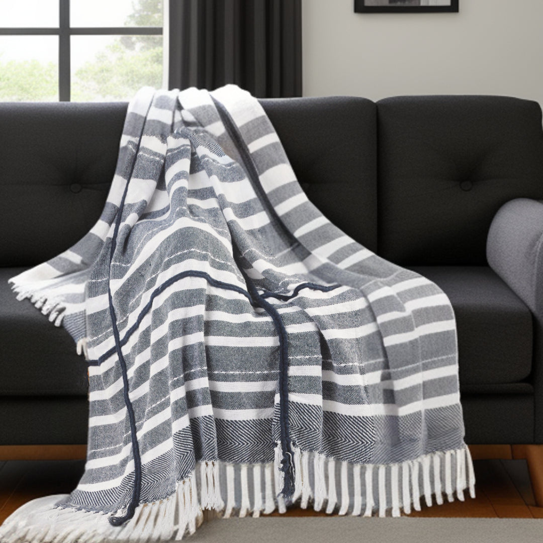 Blue and White Woven Cotton Striped Throw Blanket