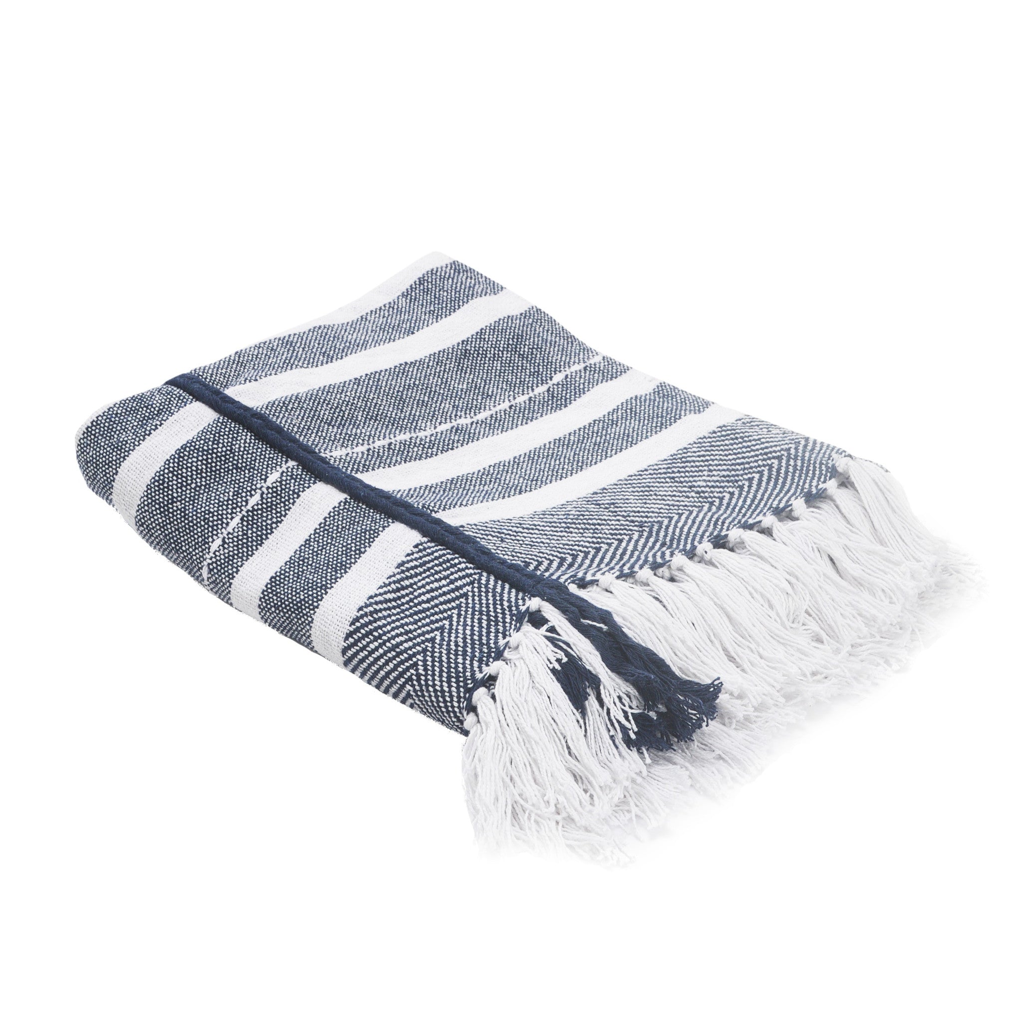 Blue and White Woven Cotton Striped Throw Blanket