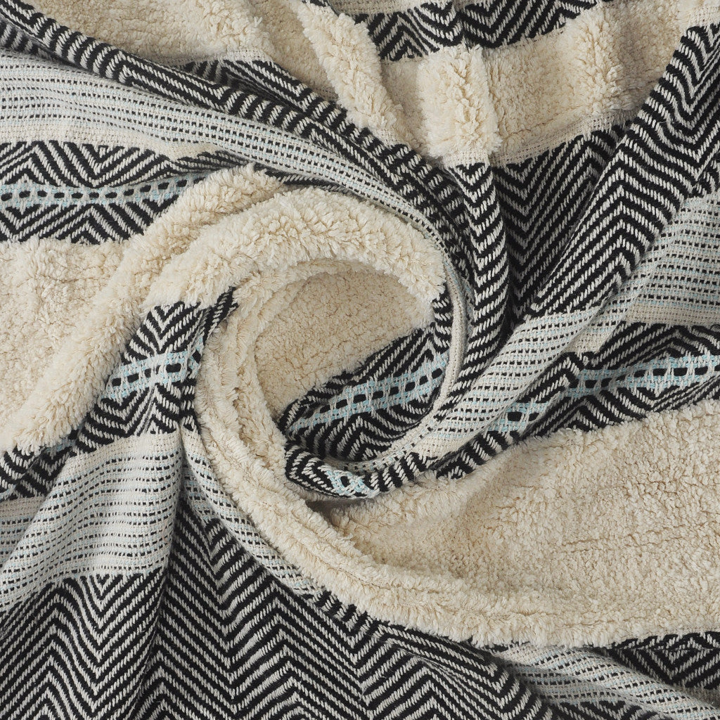 Cream Woven Cotton Herringbone Throw Blanket