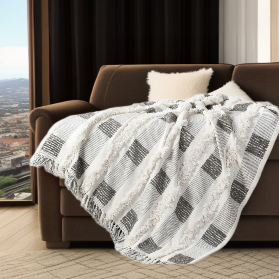 Gray and White Woven Cotton Checkered Throw Blanket