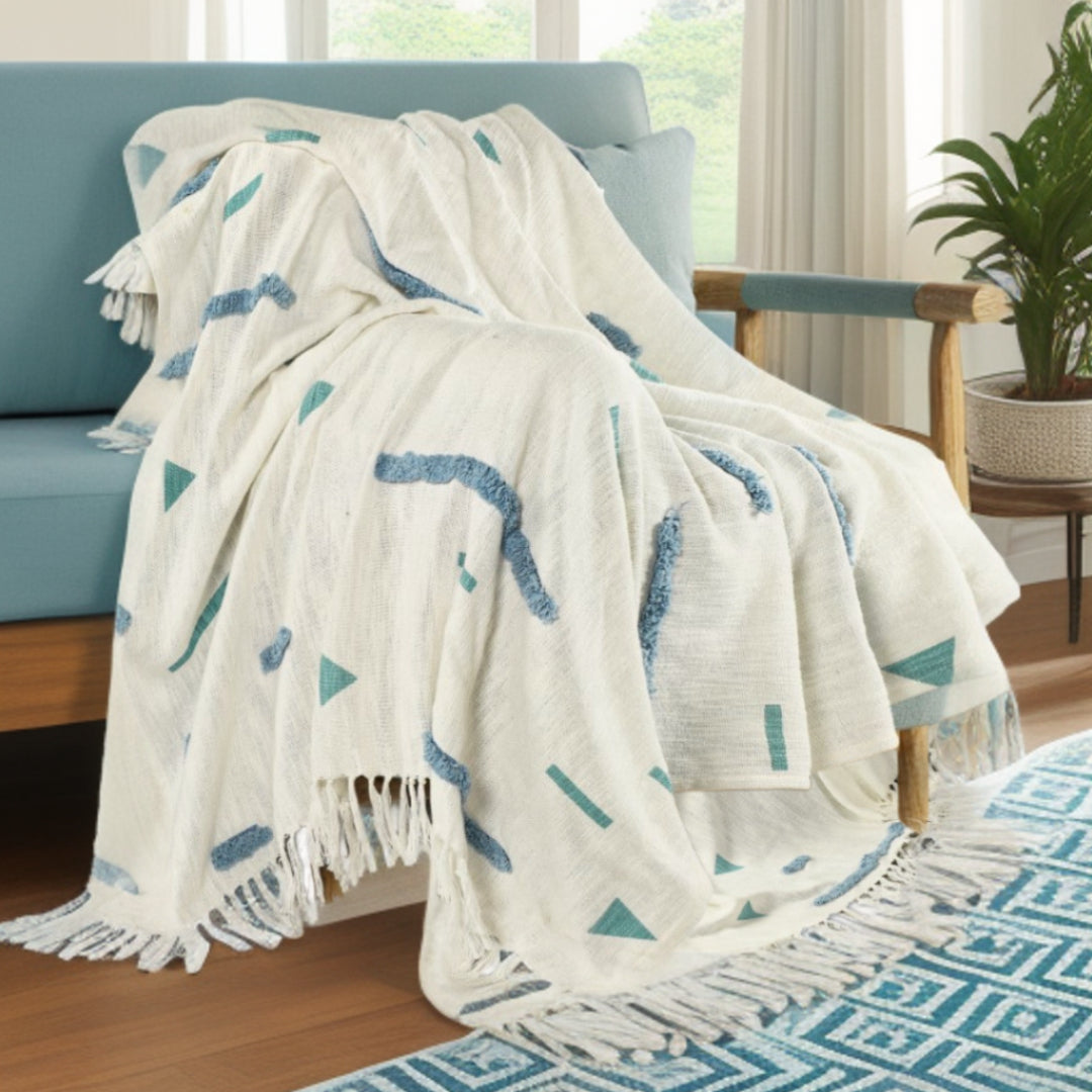 Cream Woven Cotton Geometric Throw Blanket