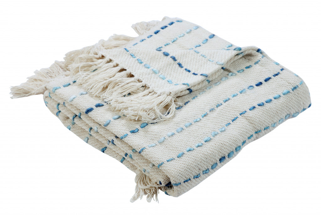 Cream Woven Cotton Striped Throw Blanket