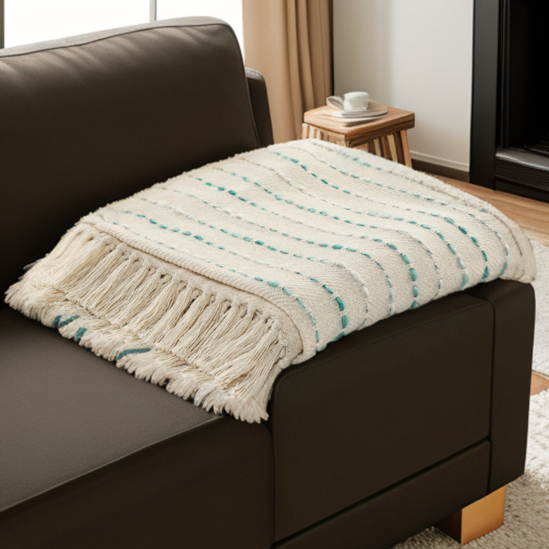 Cream Woven Cotton Striped Throw Blanket