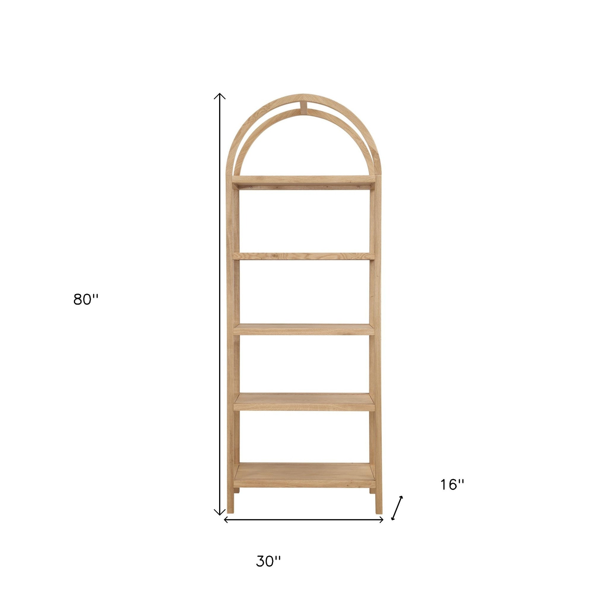 80" Natural Wood Five Tier Arched Top Bookcase
