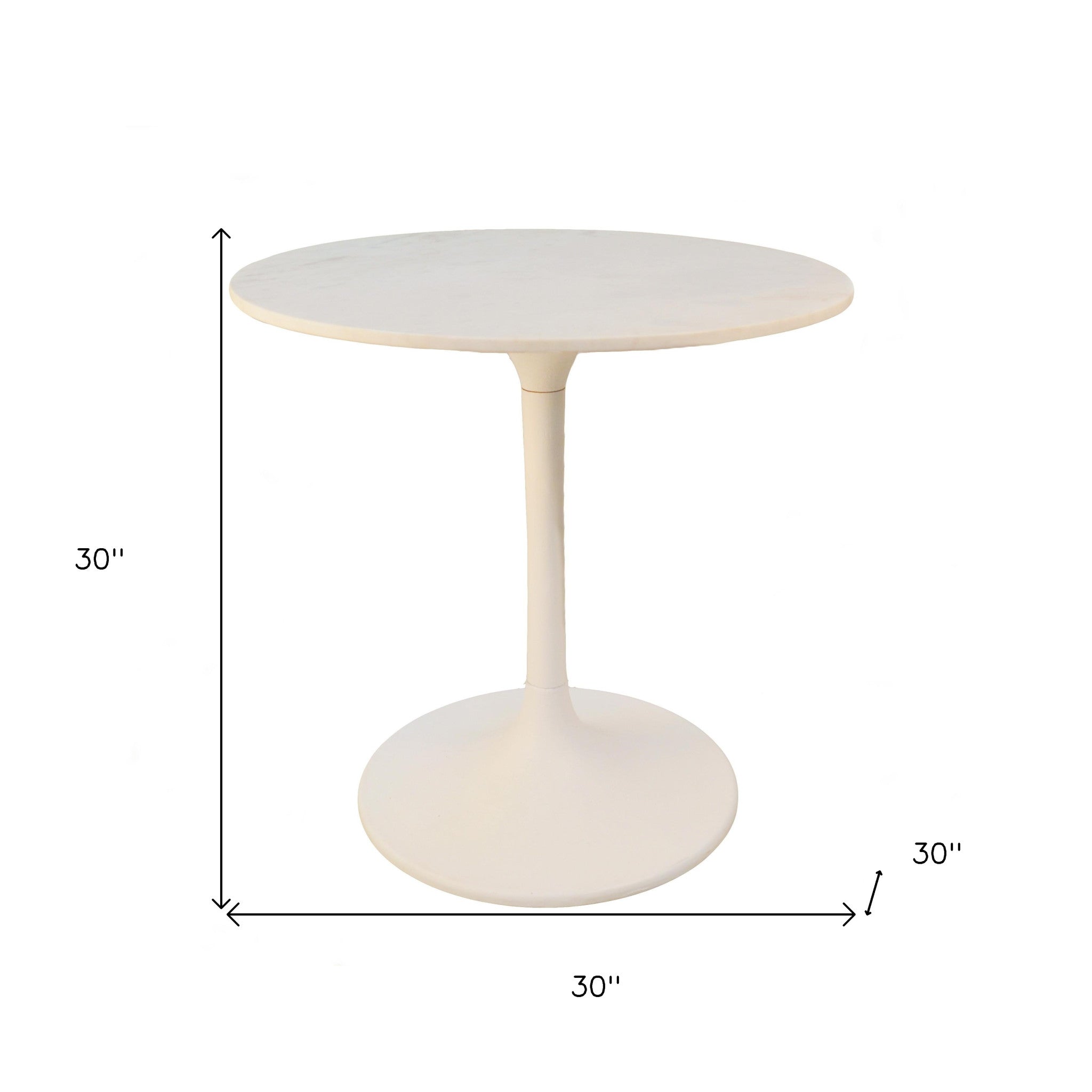 30" White Rounded Marble And Iron Pedestal Base Dining Table