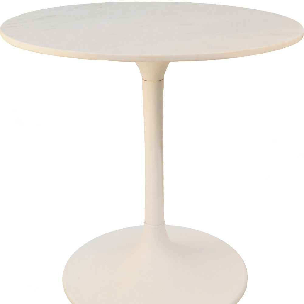 30" White Rounded Marble And Iron Pedestal Base Dining Table