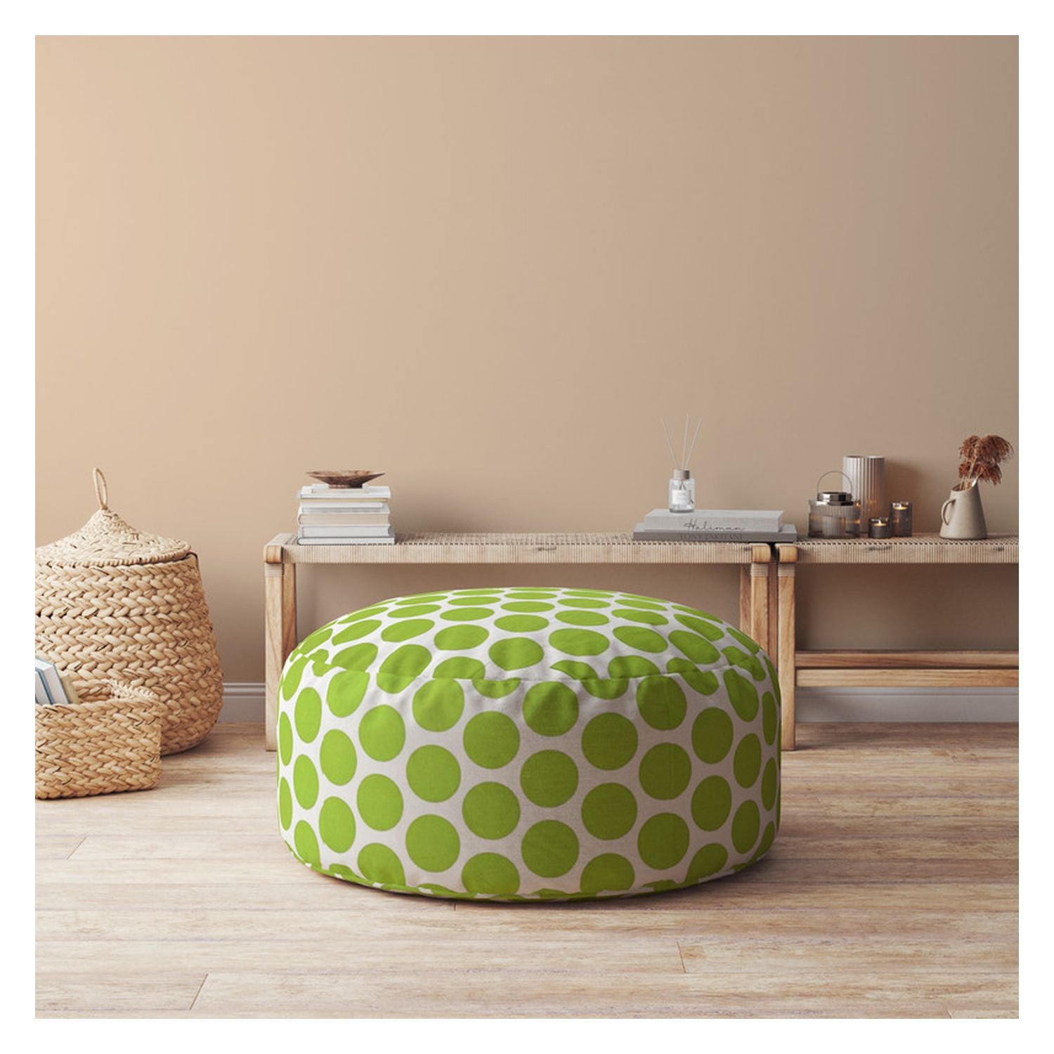 24" Green And White Cotton Round Polka Dots Pouf Cover