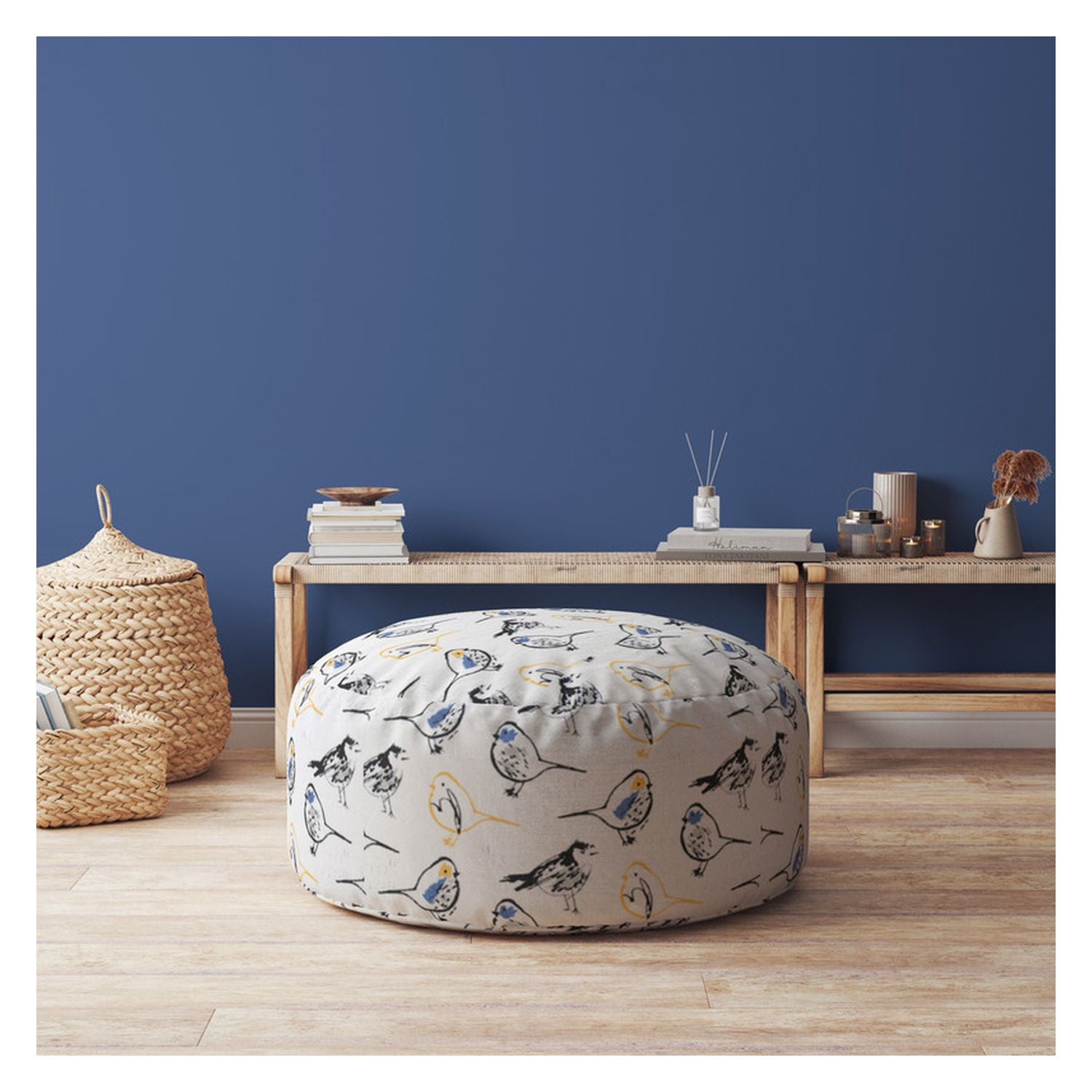 24" Yellow And White Canvas Round Birds Pouf Cover