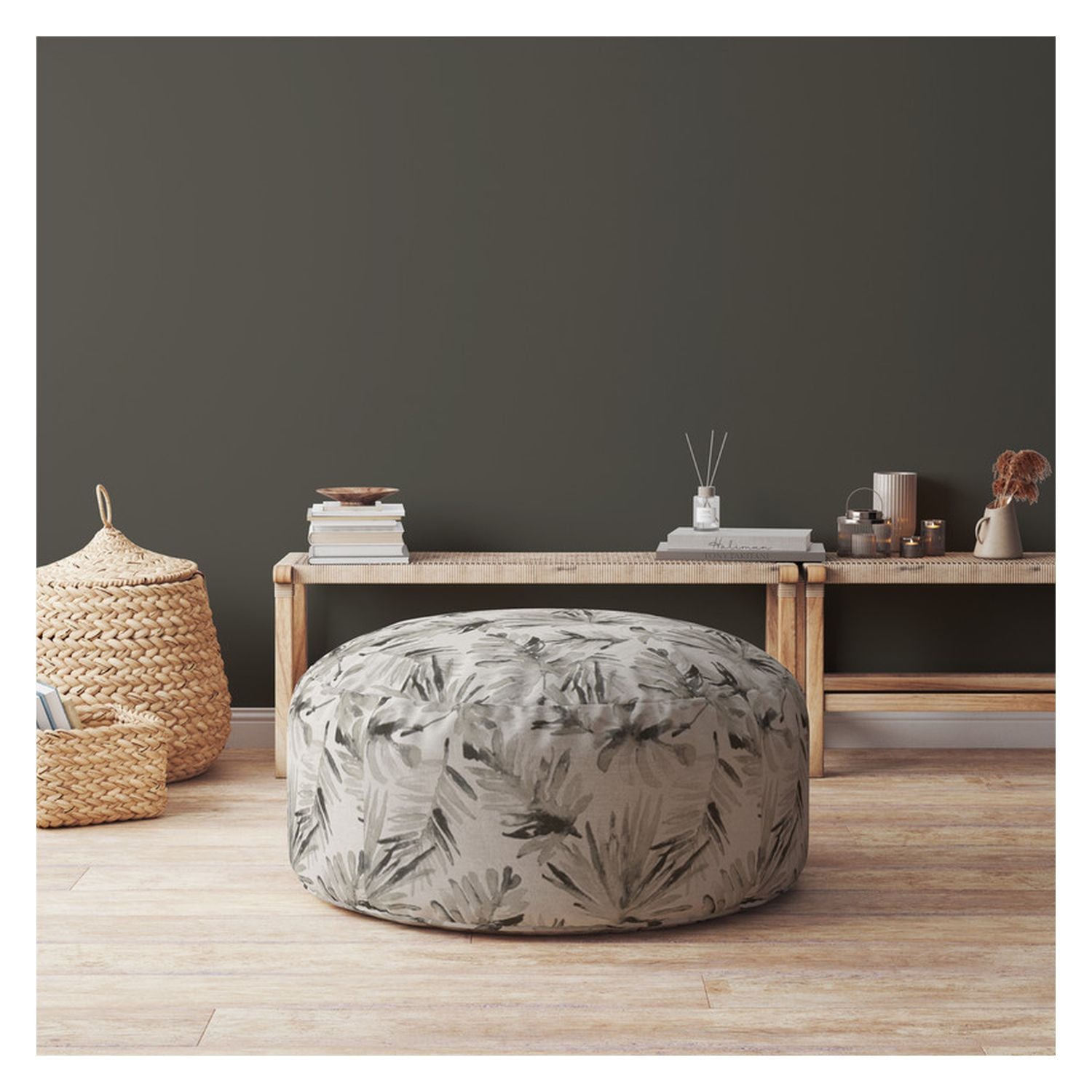 24" Beige Flax Round Floral Pouf Cover