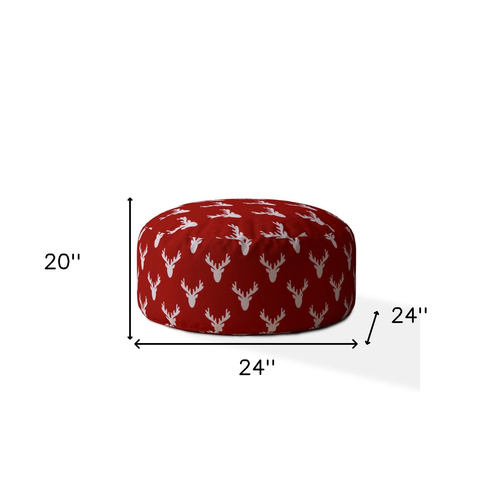 24" Red And White Cotton Round Stag Pouf Cover