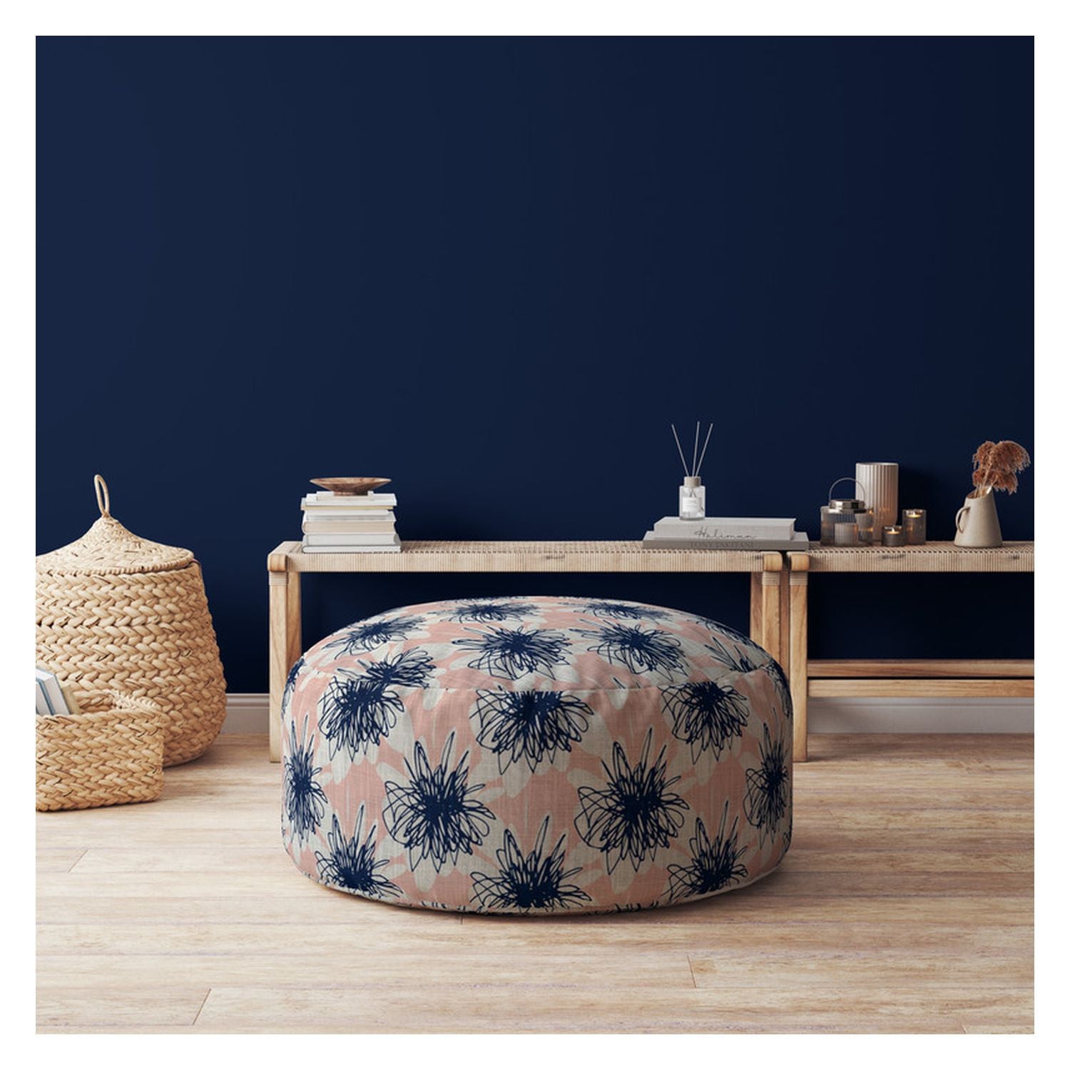 24" Pink And Blue Canvas Round Floral Pouf Cover