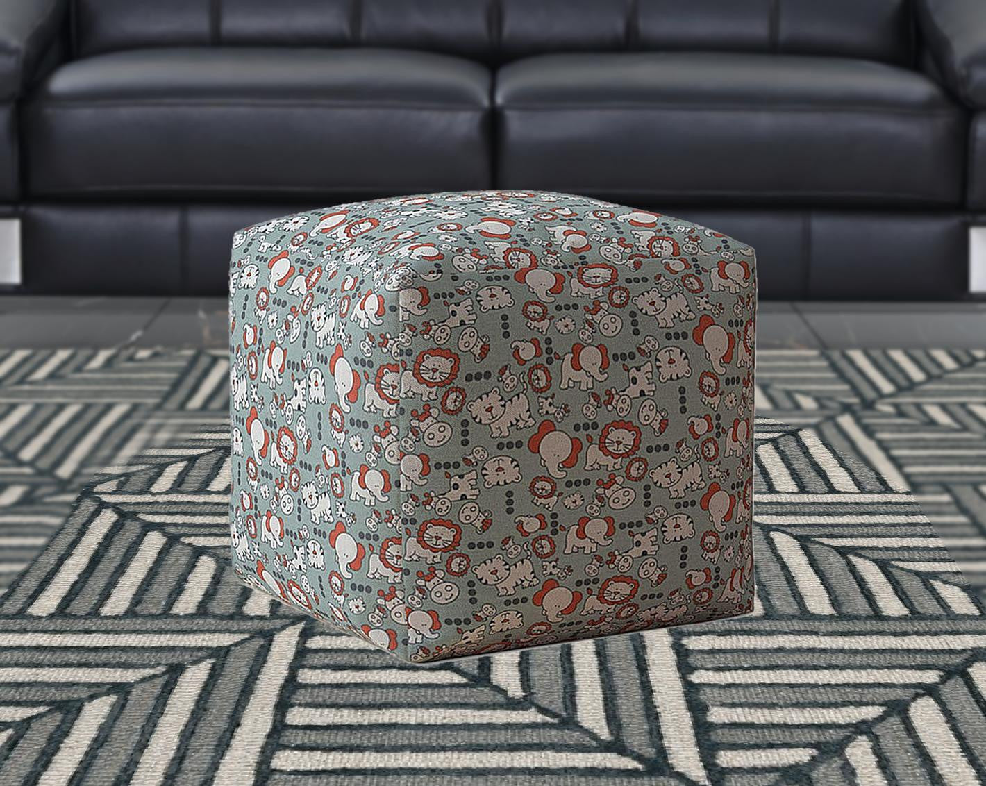 17" Gray And White Cotton Animal Print Pouf Cover