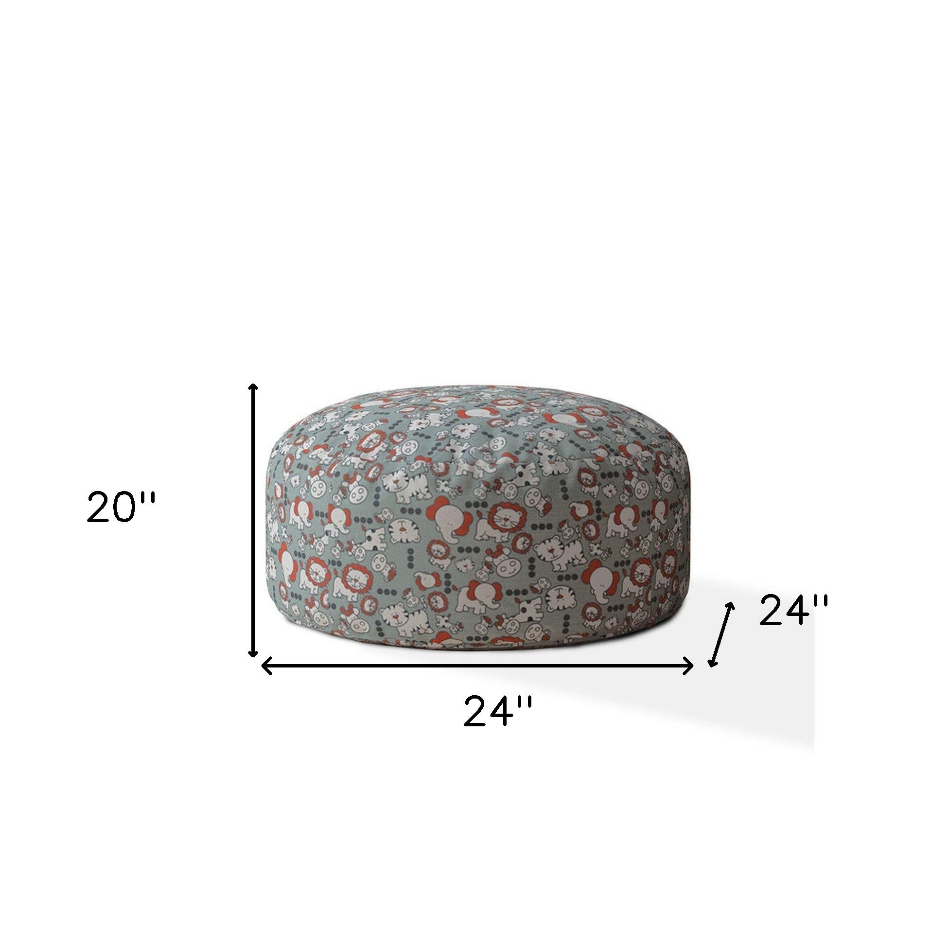24" Gray And White Cotton Round Animal Print Pouf Cover