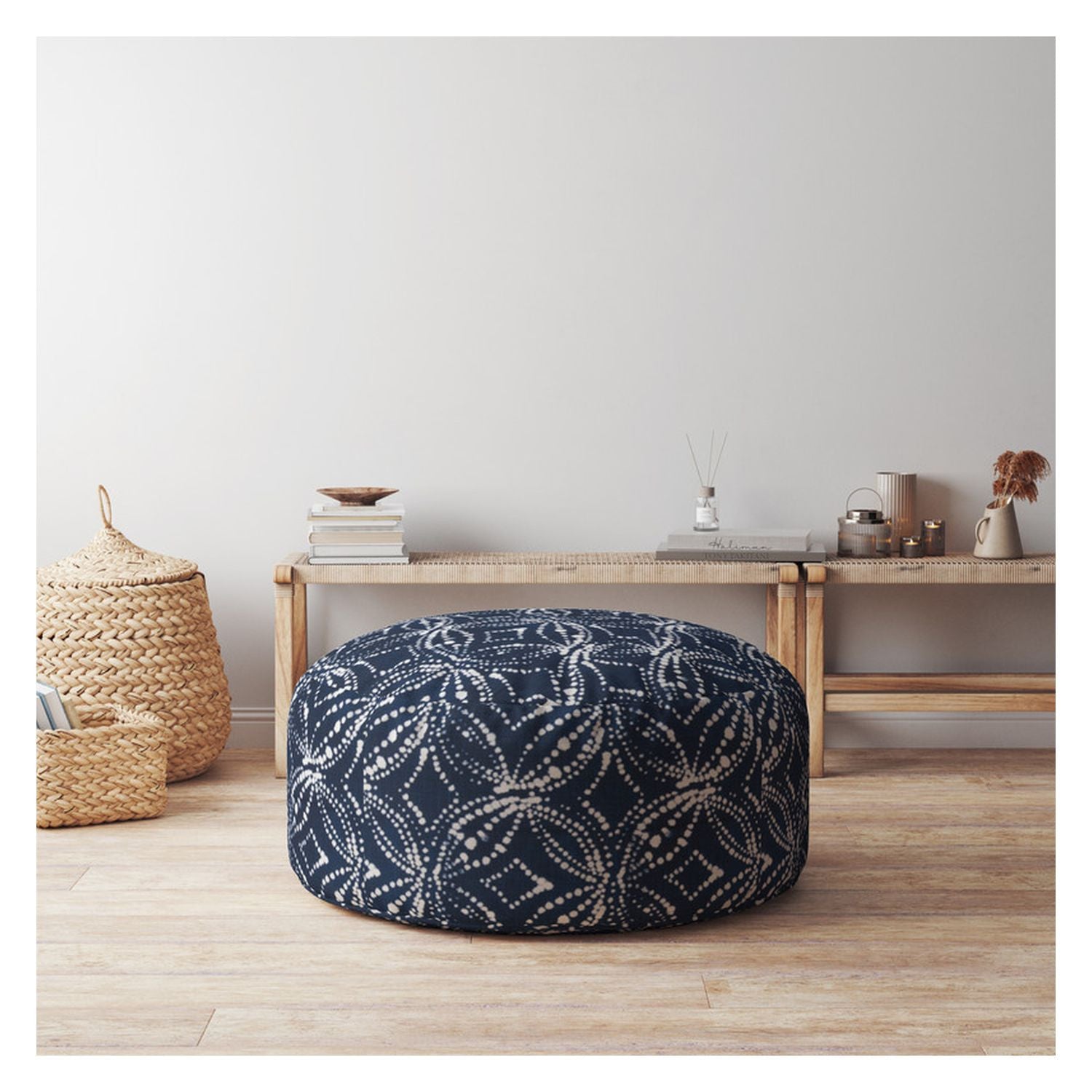 24" Blue And White Canvas Round Damask Pouf Cover