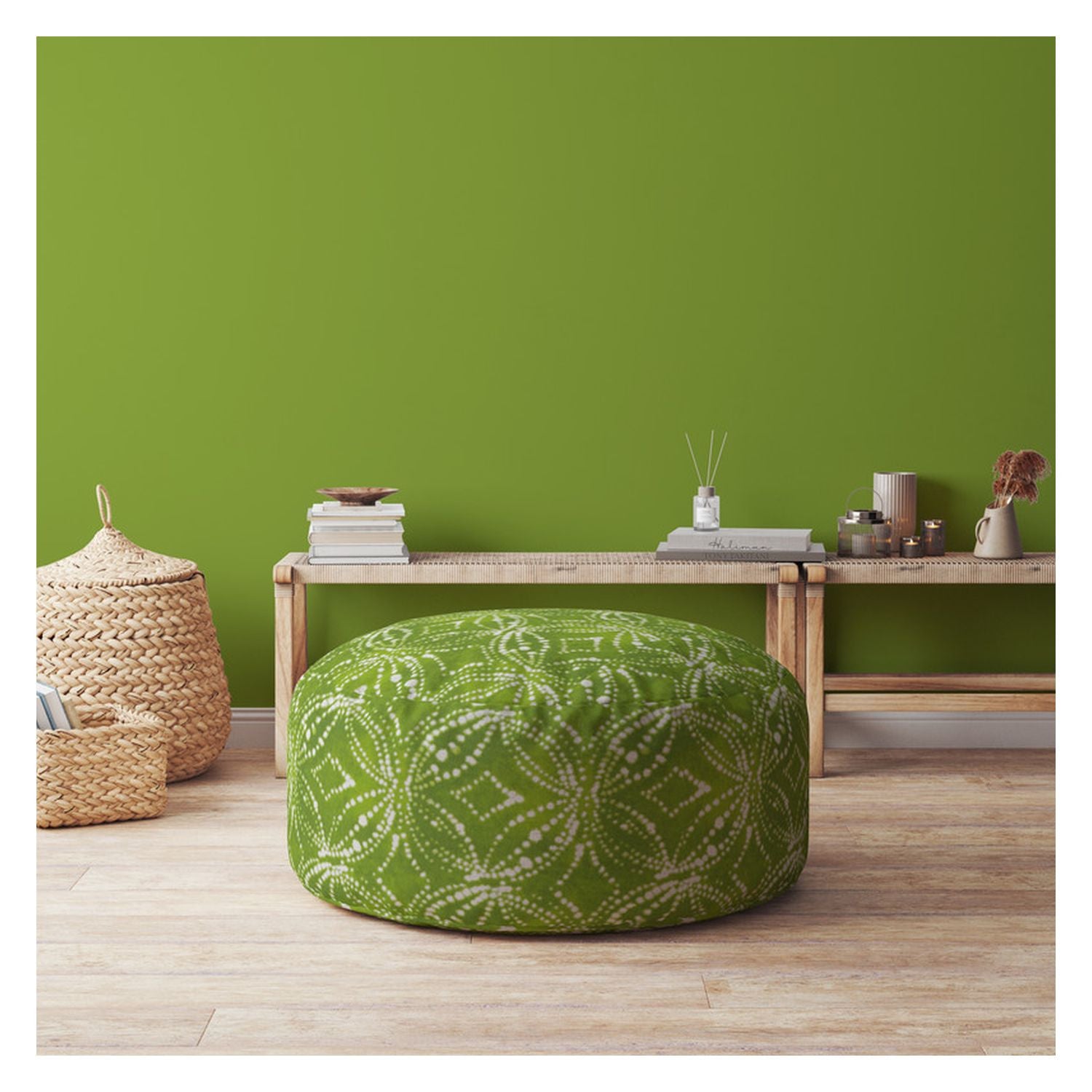 24" Green And White Cotton Round Damask Pouf Cover