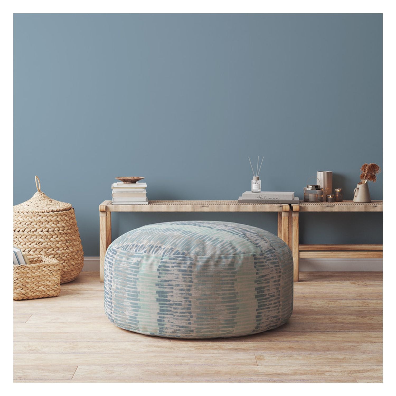 24" Blue And Gray Canvas Round Abstract Pouf Cover