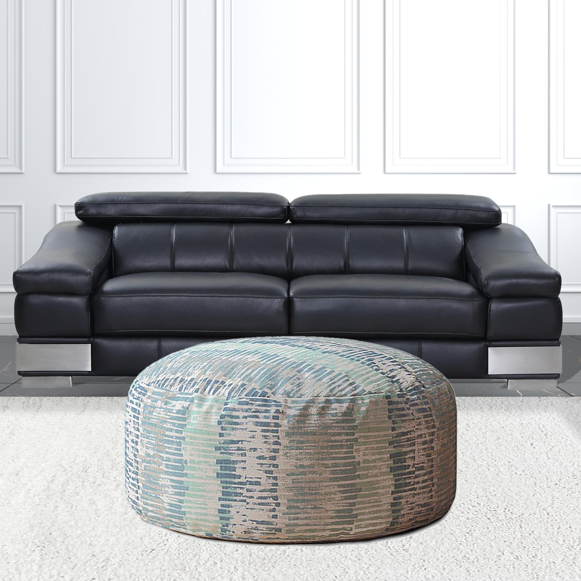 24" Blue And Gray Canvas Round Abstract Pouf Cover