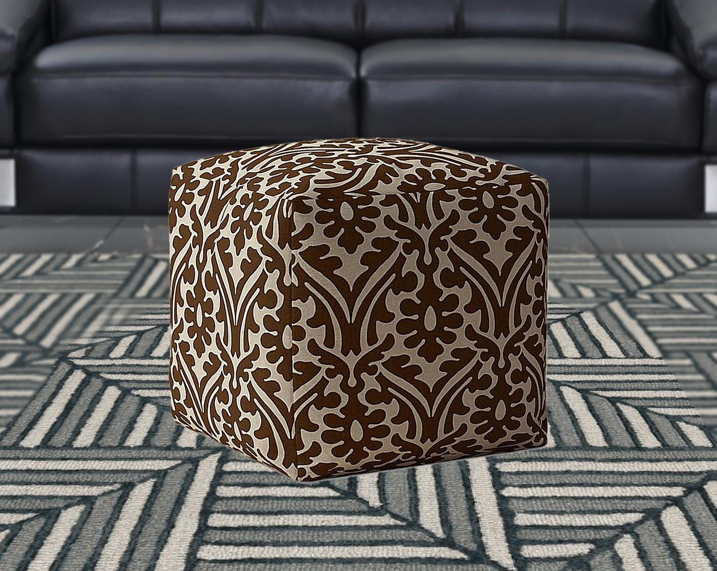 17" Brown Cotton Damask Pouf Cover