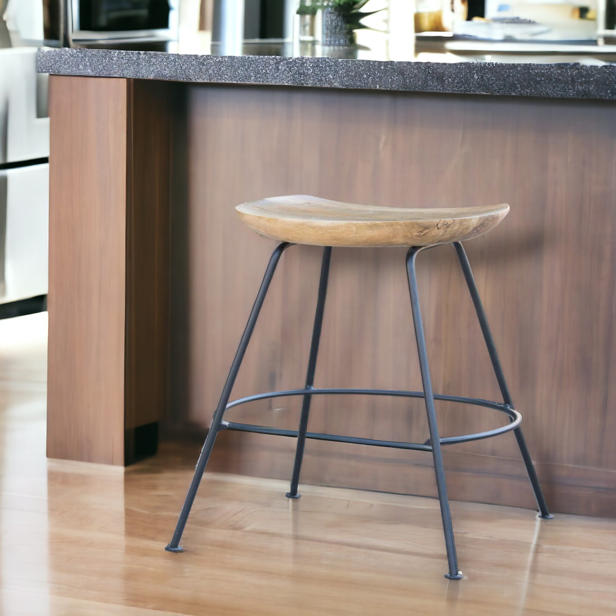 24" Wood Brown And Light Gray Backless Counter Height Bar Chair