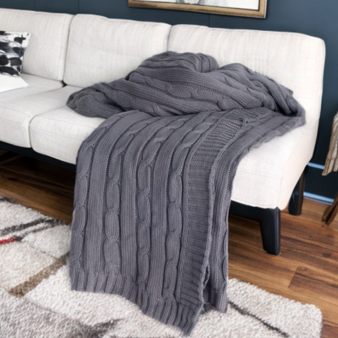 Light Gray Knitted 100% Cotton Throw Blanket