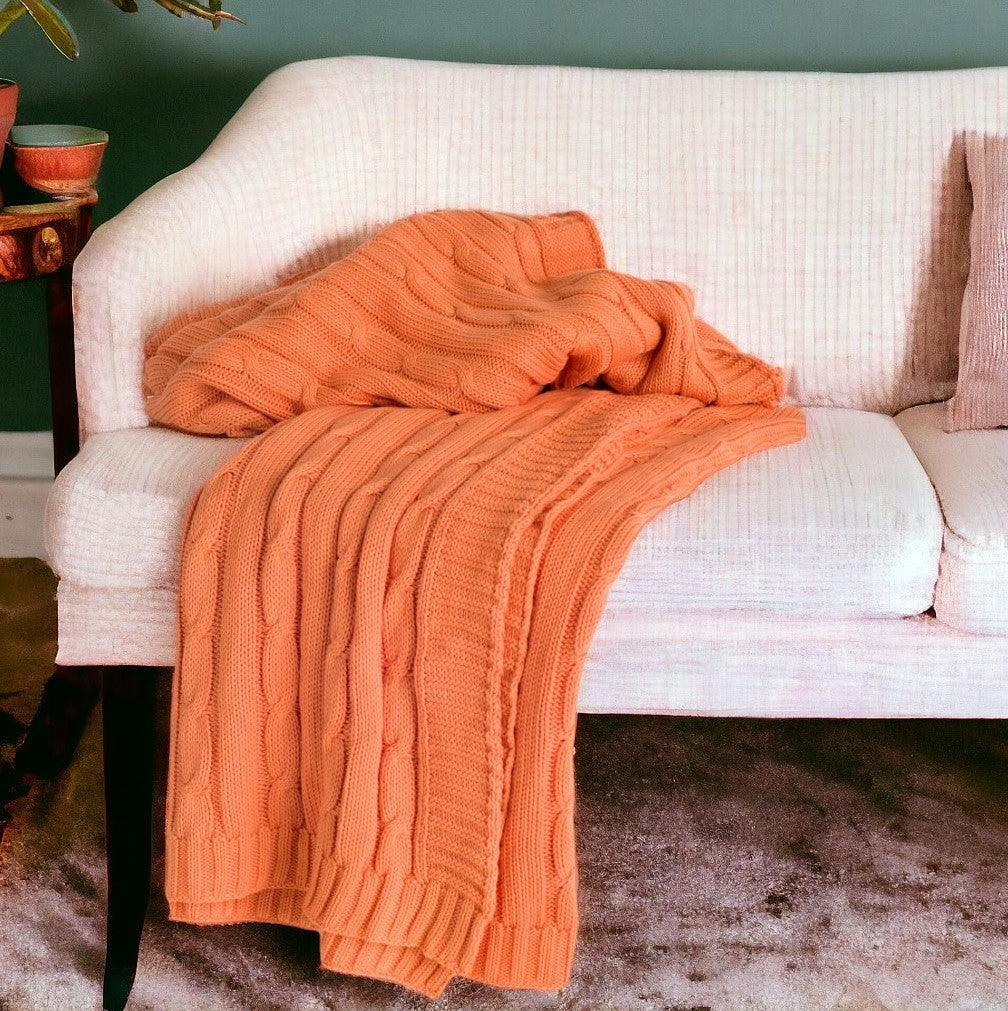 Orange Knitted 100% Cotton Throw Blanket