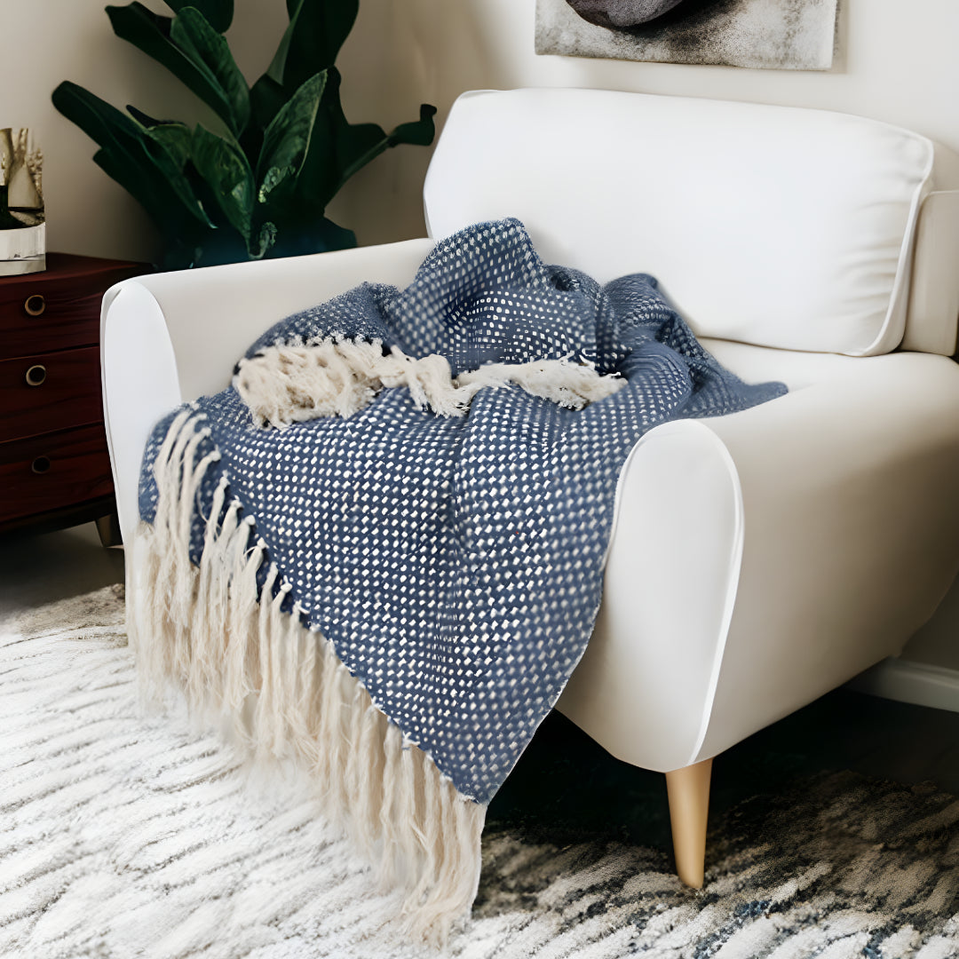 Navy Blue Woven 100% Cotton Throw Blanket