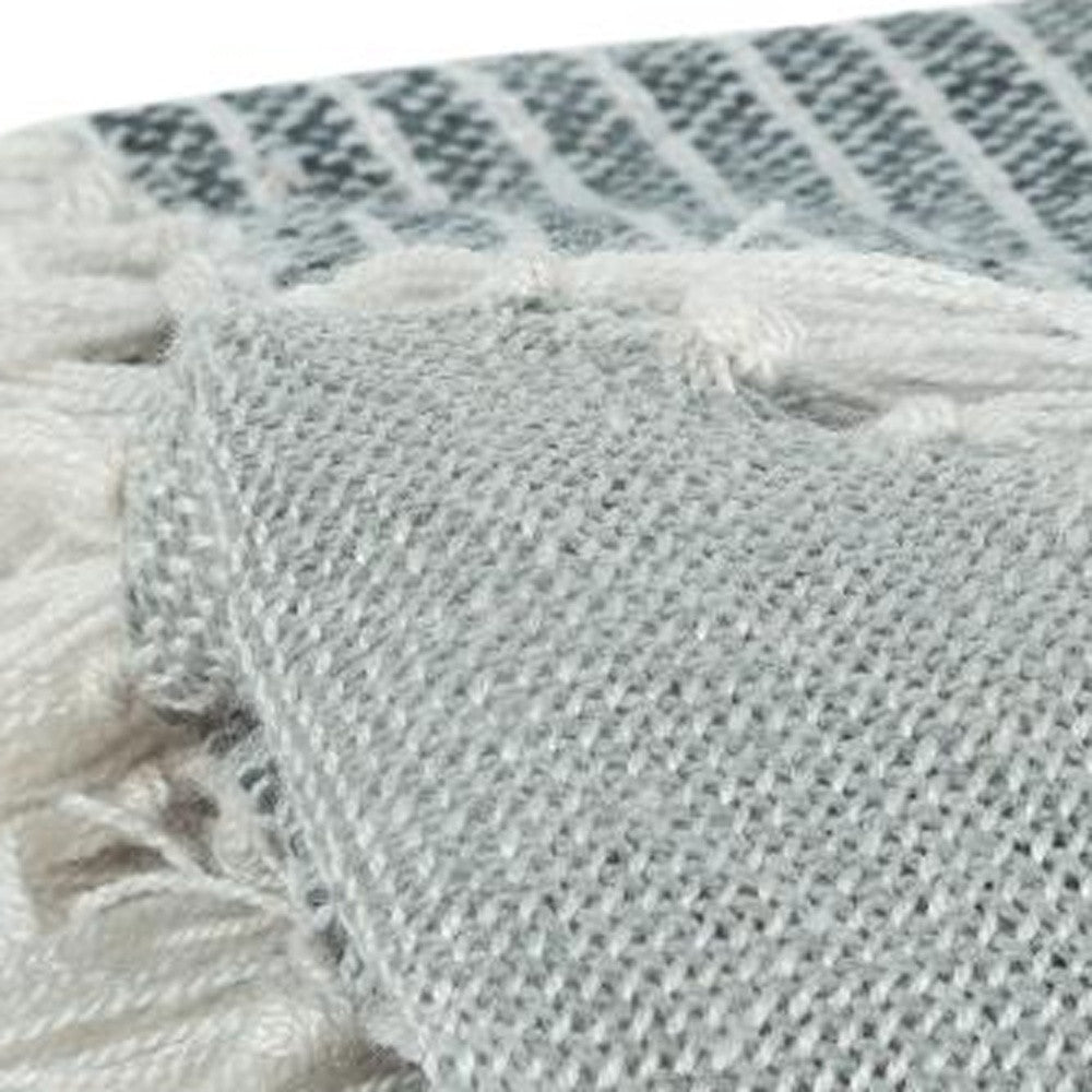 Gray and White Woven Recycled PET Polyester Throw Blanket with Tassels