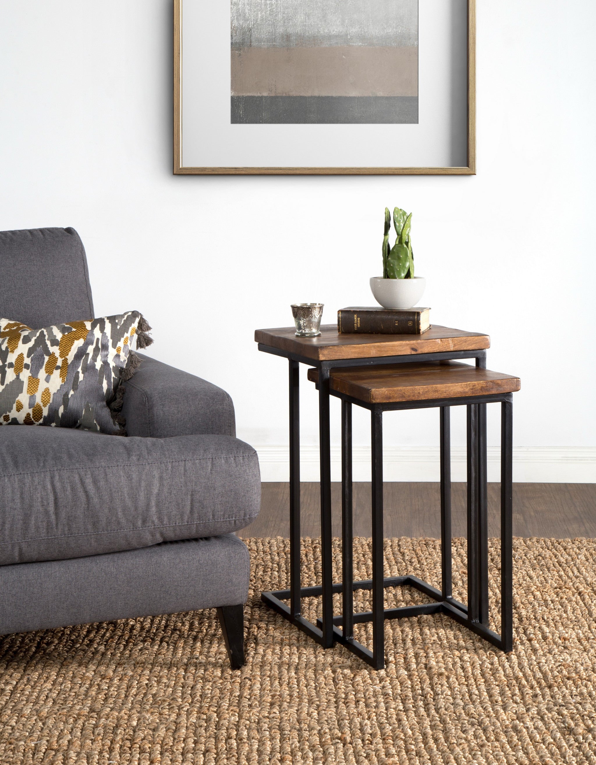 Set of Two 26" Black and Mahogany Solid Wood Nested Tables