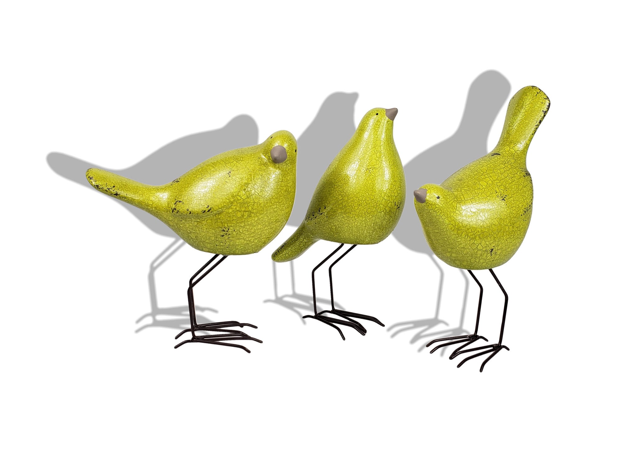 Set of Three Lemongrass Green Polyresin and Metal Bird Sculptures