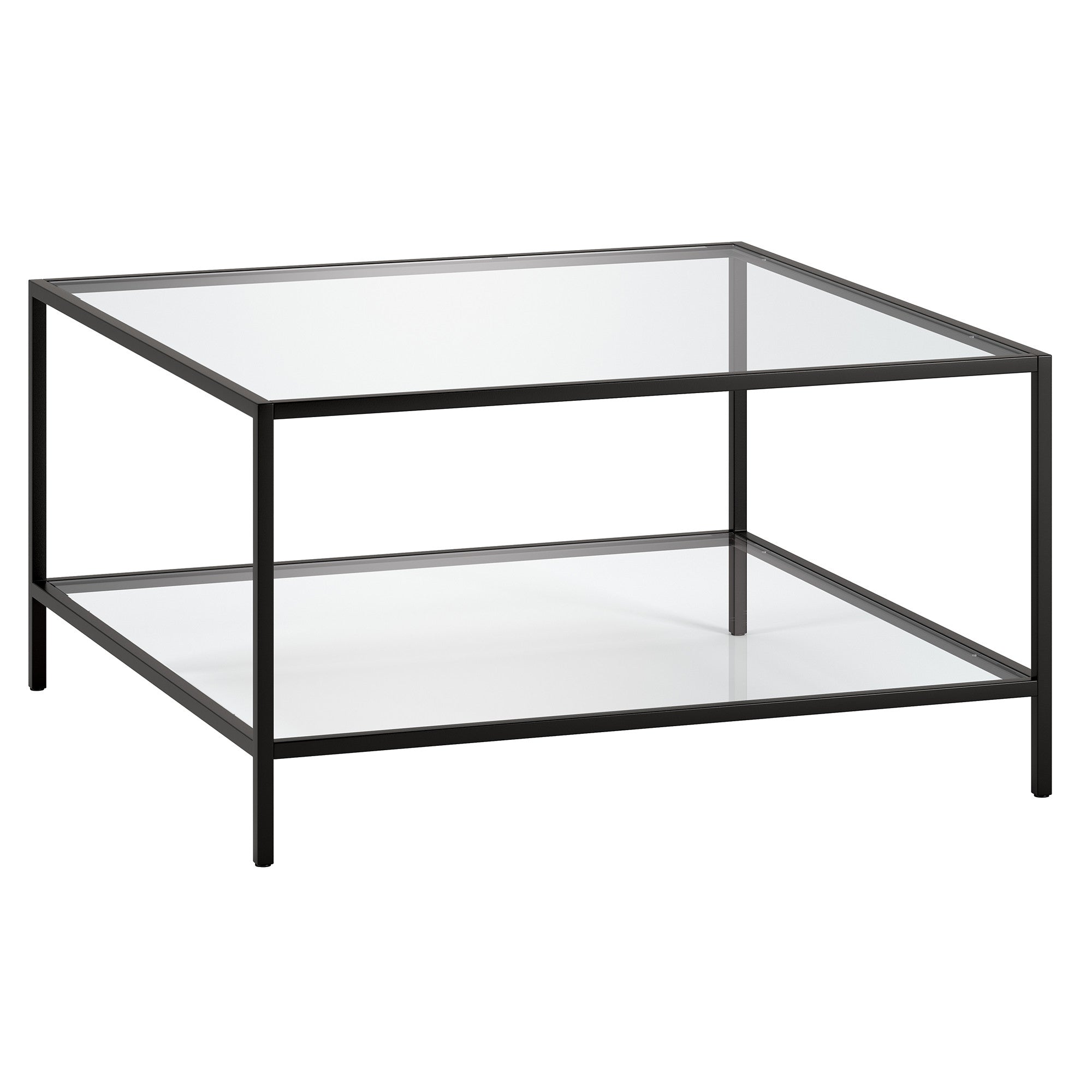 32" Black Glass And Steel Square Coffee Table With Shelf