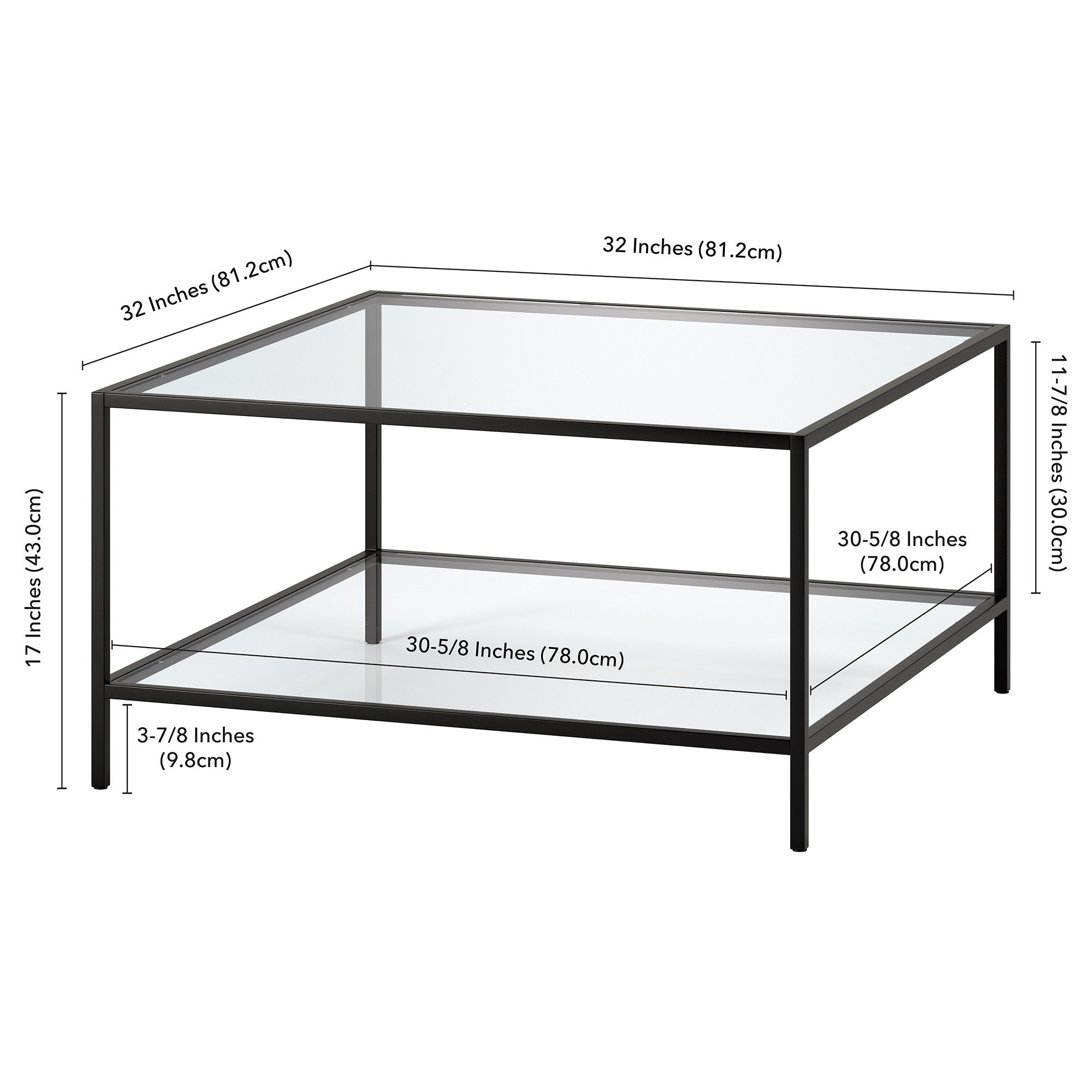 32" Black Glass And Steel Square Coffee Table With Shelf