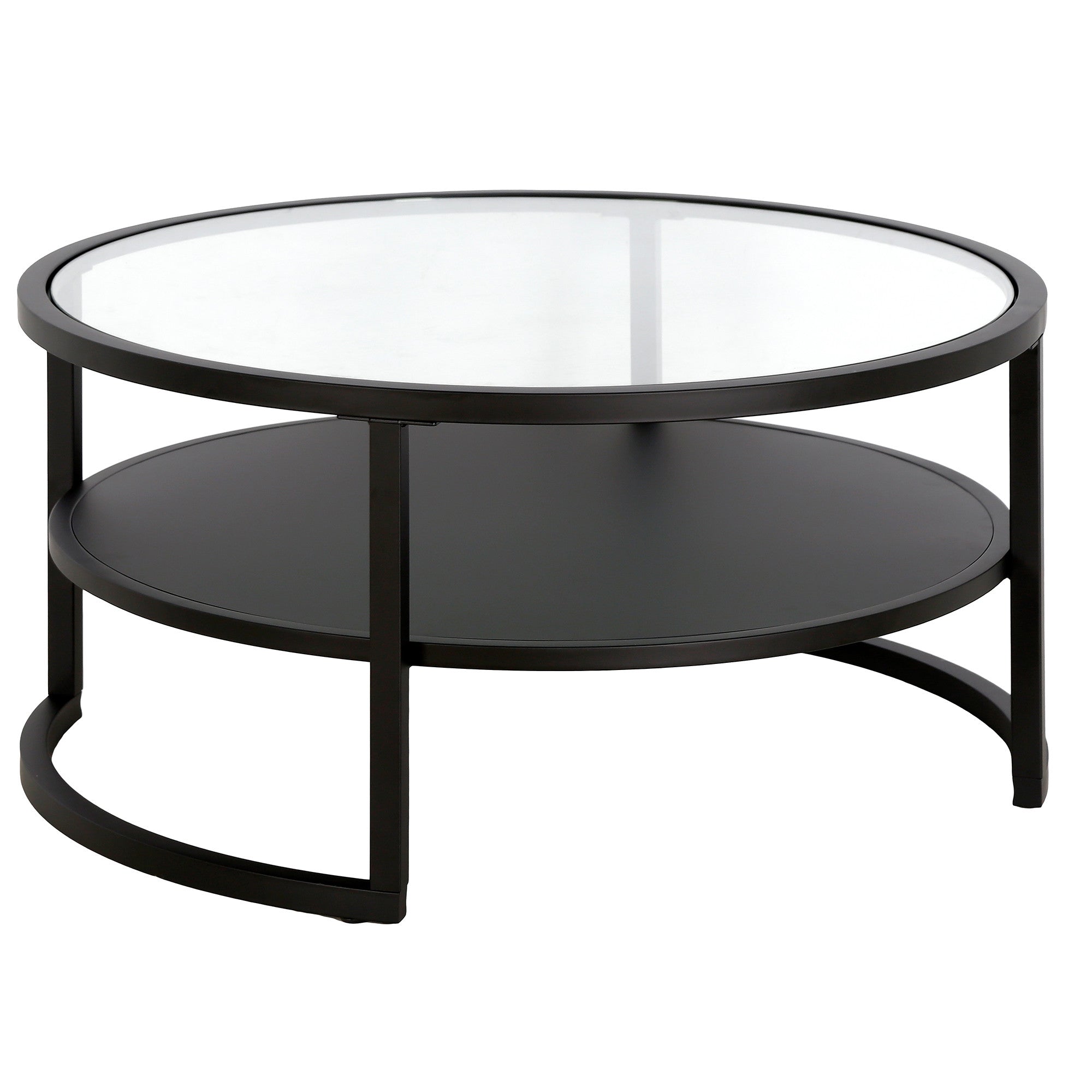 34" Black Glass And Steel Round Coffee Table With Shelf