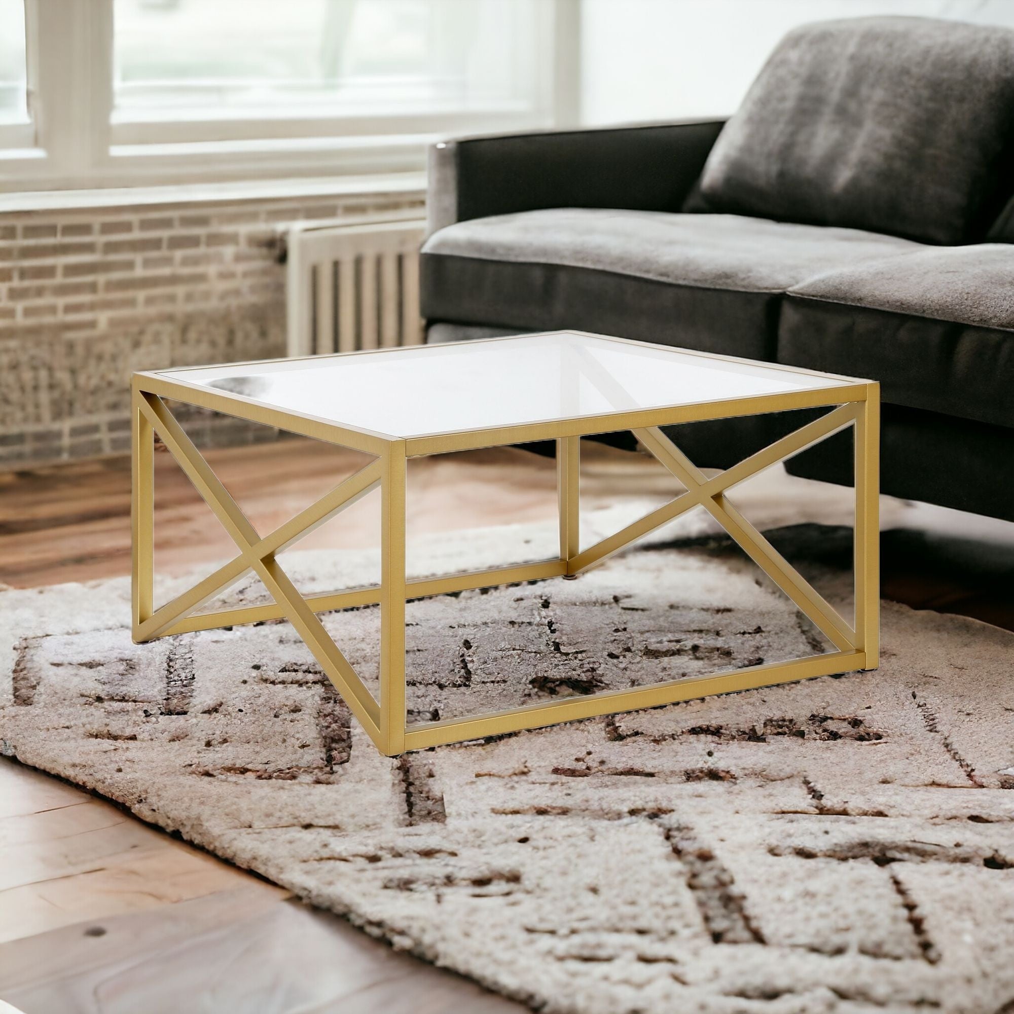 32" Gold Glass And Steel Square Coffee Table