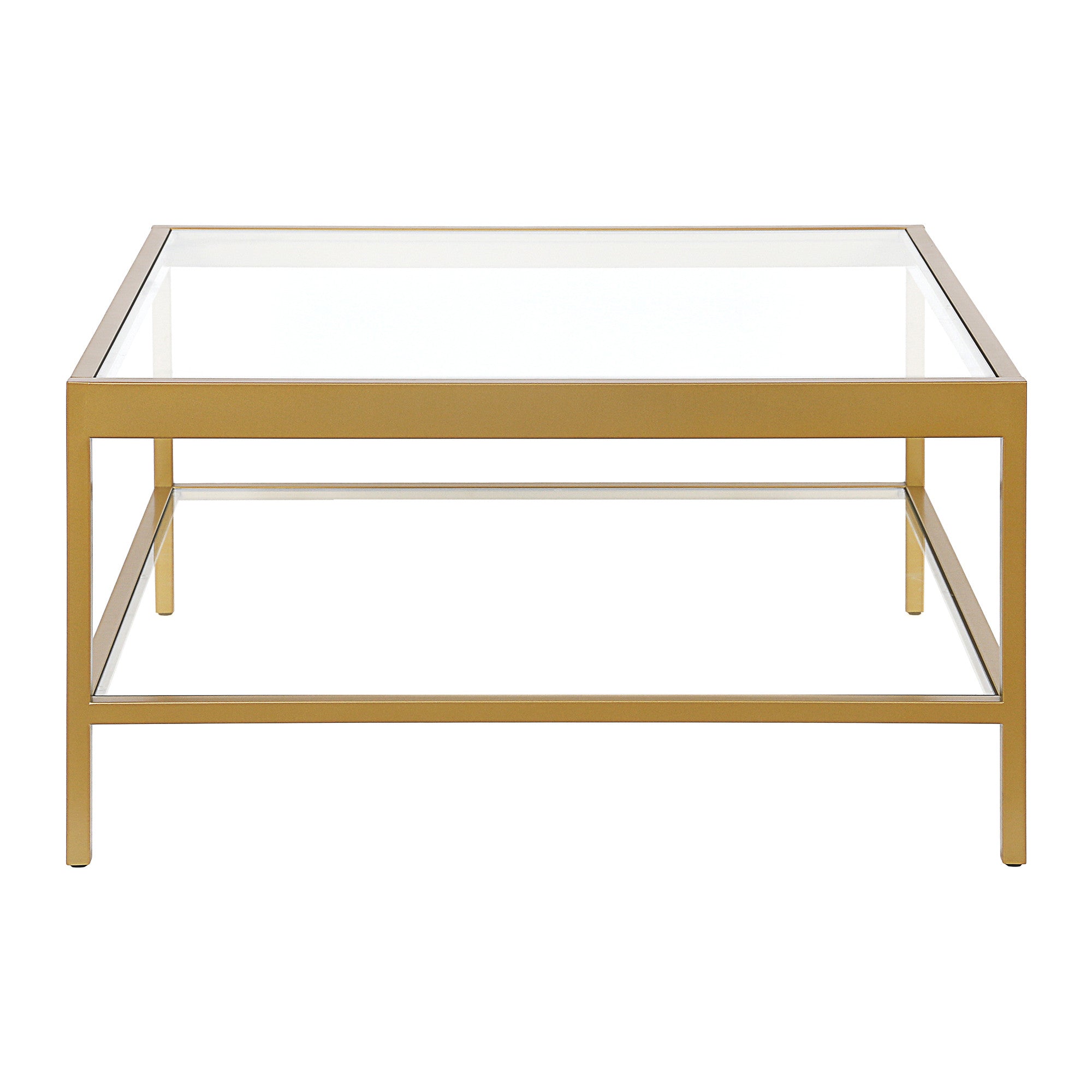 32" Clear And Gold Glass And Steel Square Coffee Table With Shelf