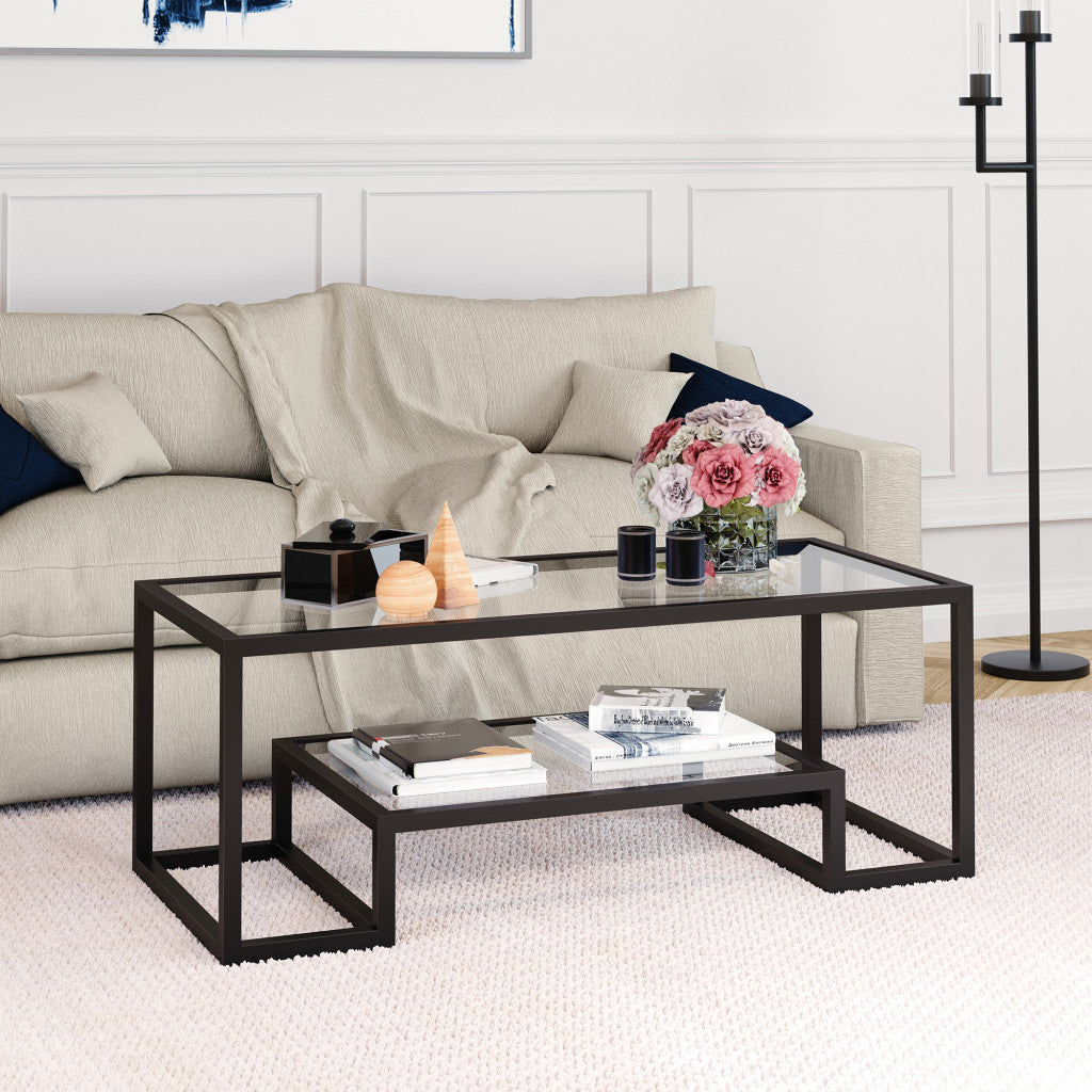 45" Black Glass And Steel Coffee Table With Shelf